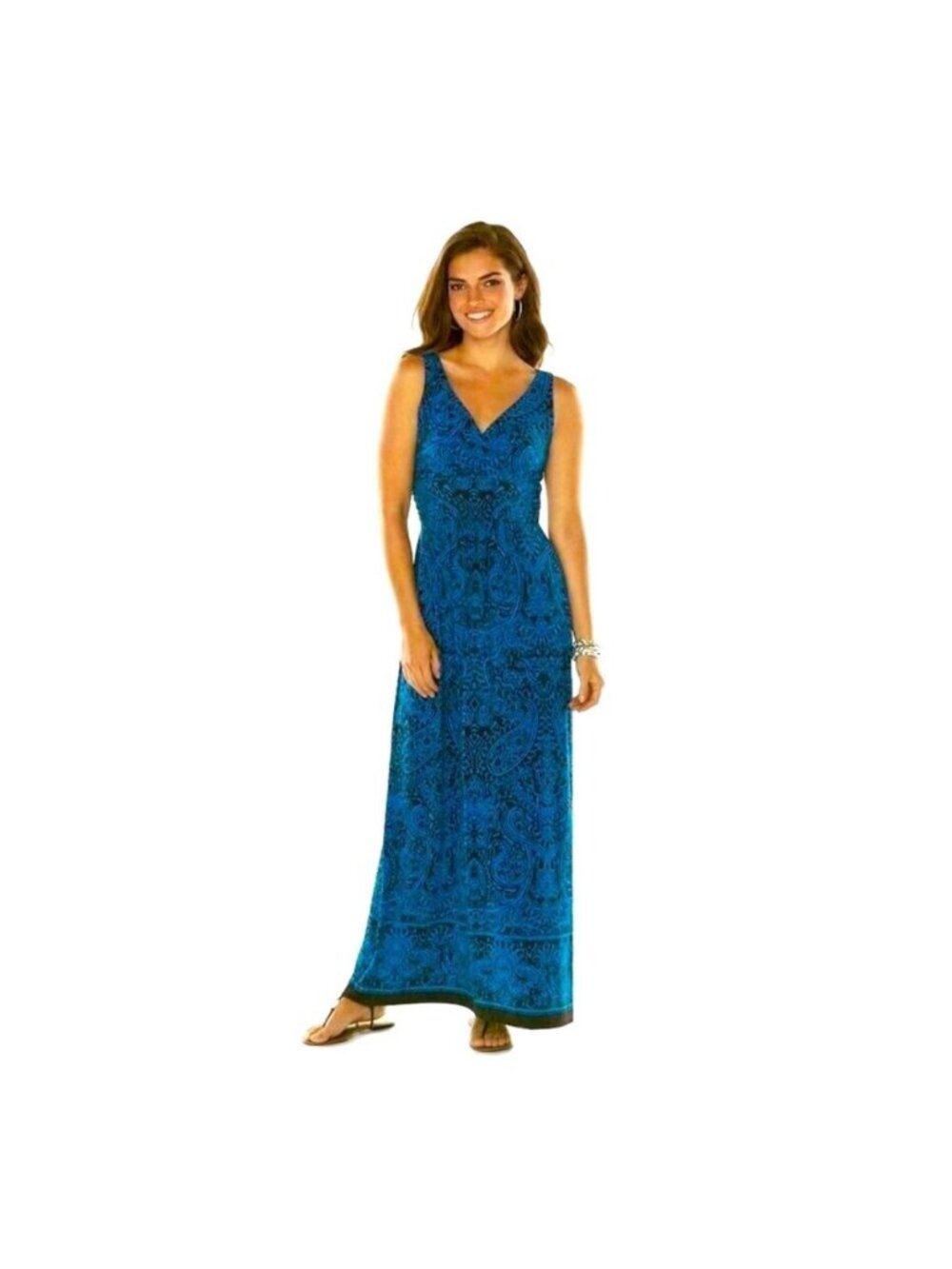 Chaps Teal Brown Sleeveless Paisley Print Jersey Maxi Dress Size M Stretch Long